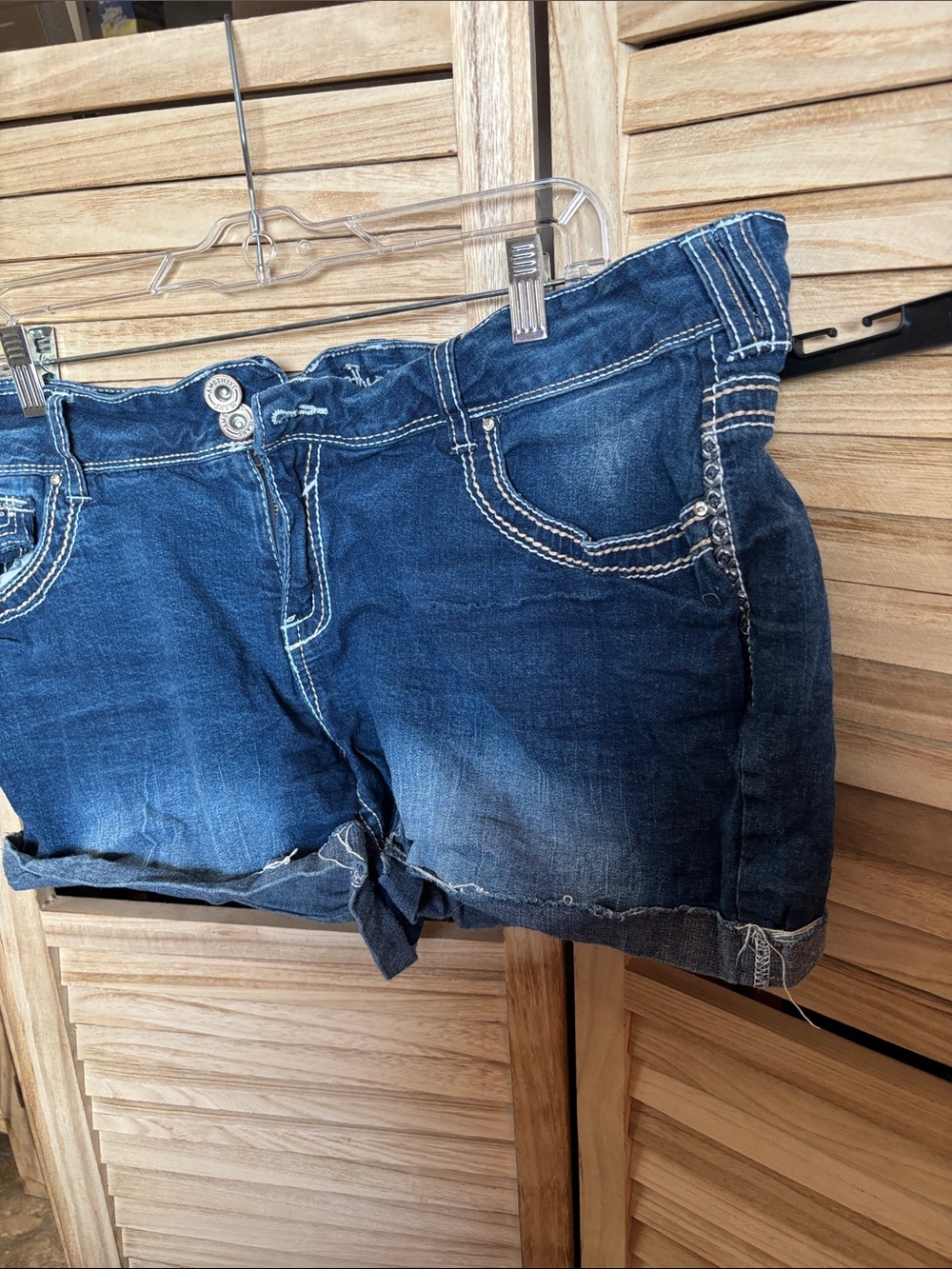 Amethyst Dark Blue Distressed Roll-Cuff Jean Shorts 18